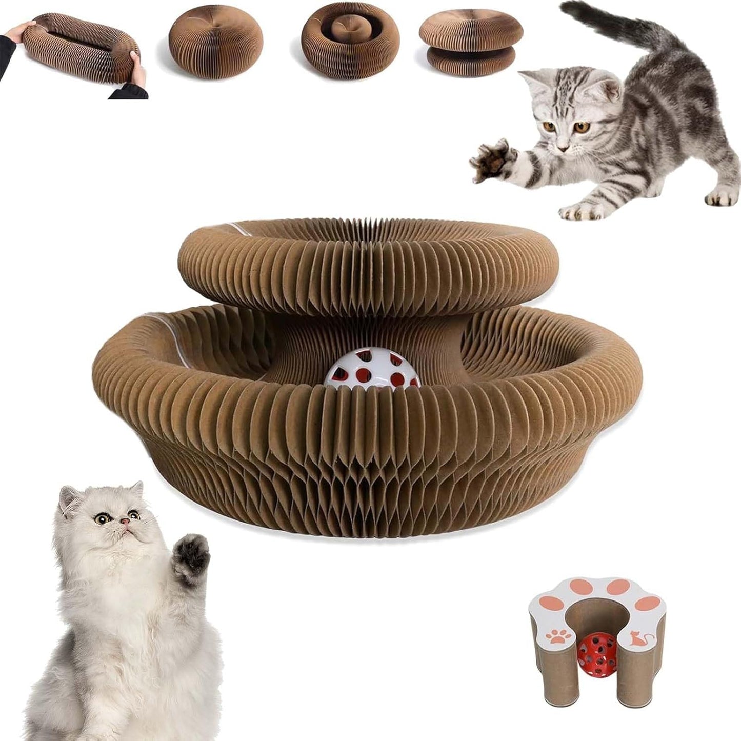 Kitty Curls Cat Toy Kurlz, Interactive Scratch Pad, Foldable Accordion,Cat Recyclable Scratcher with Ball (Pink)