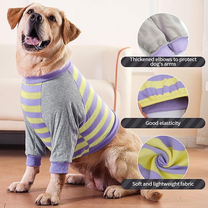 FUAMEY Dog Recovery Sleeve with Elbow Protector,Dogs Shirt Stop Licking Joints,Pet Long Sleeve Suit Protecting Dog's Front Leg Arm Wounds Cover Skin Conditions Purple Stripes L