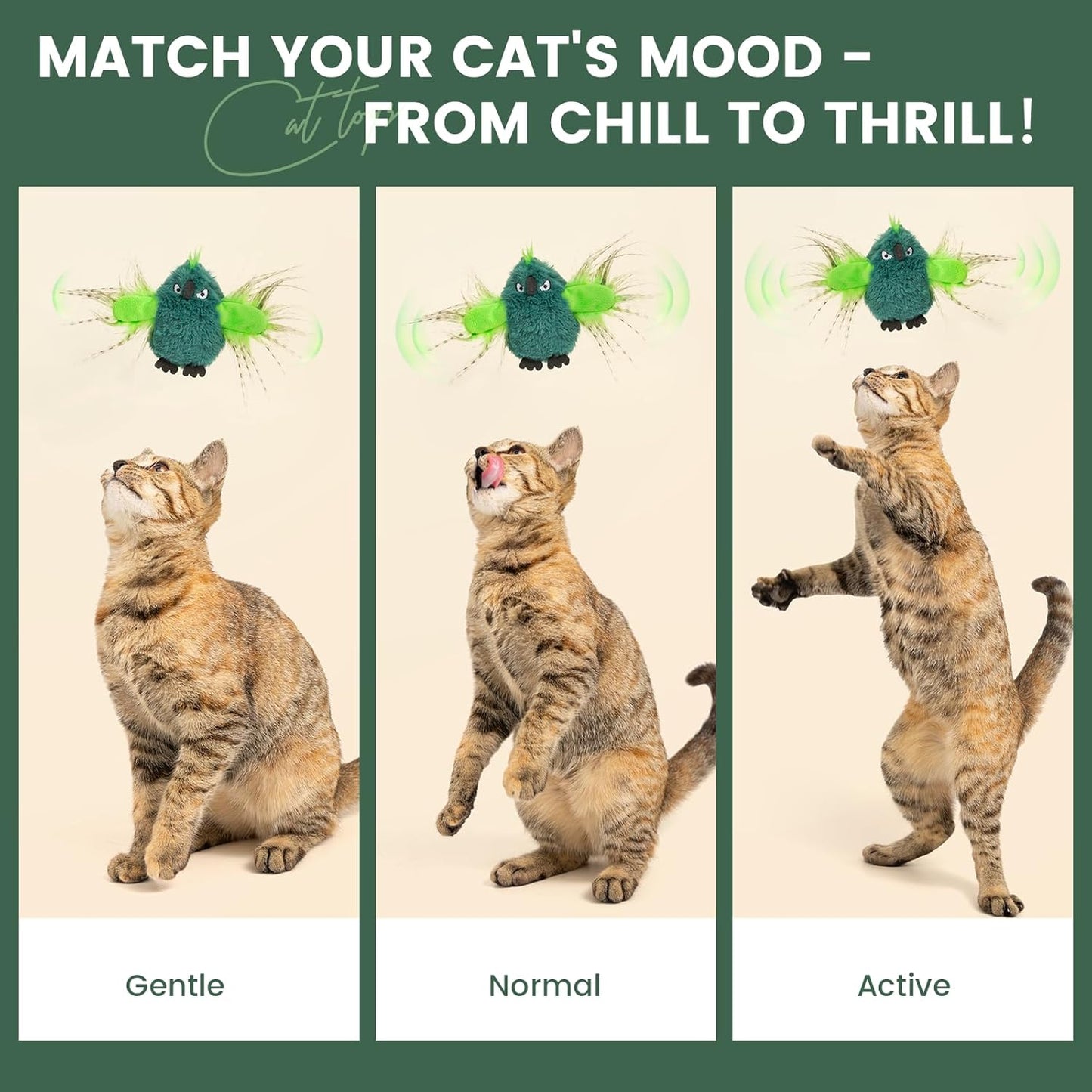 Gardner Pet Cat Toys Flapping Bird (No Flying),Touch Activated with Realistic Flapping Wings and Chirping Bird,Hangable Flying Kitten Interactive Toy,USB Rechargeable Indoor Kitty Exercise Toys,Green