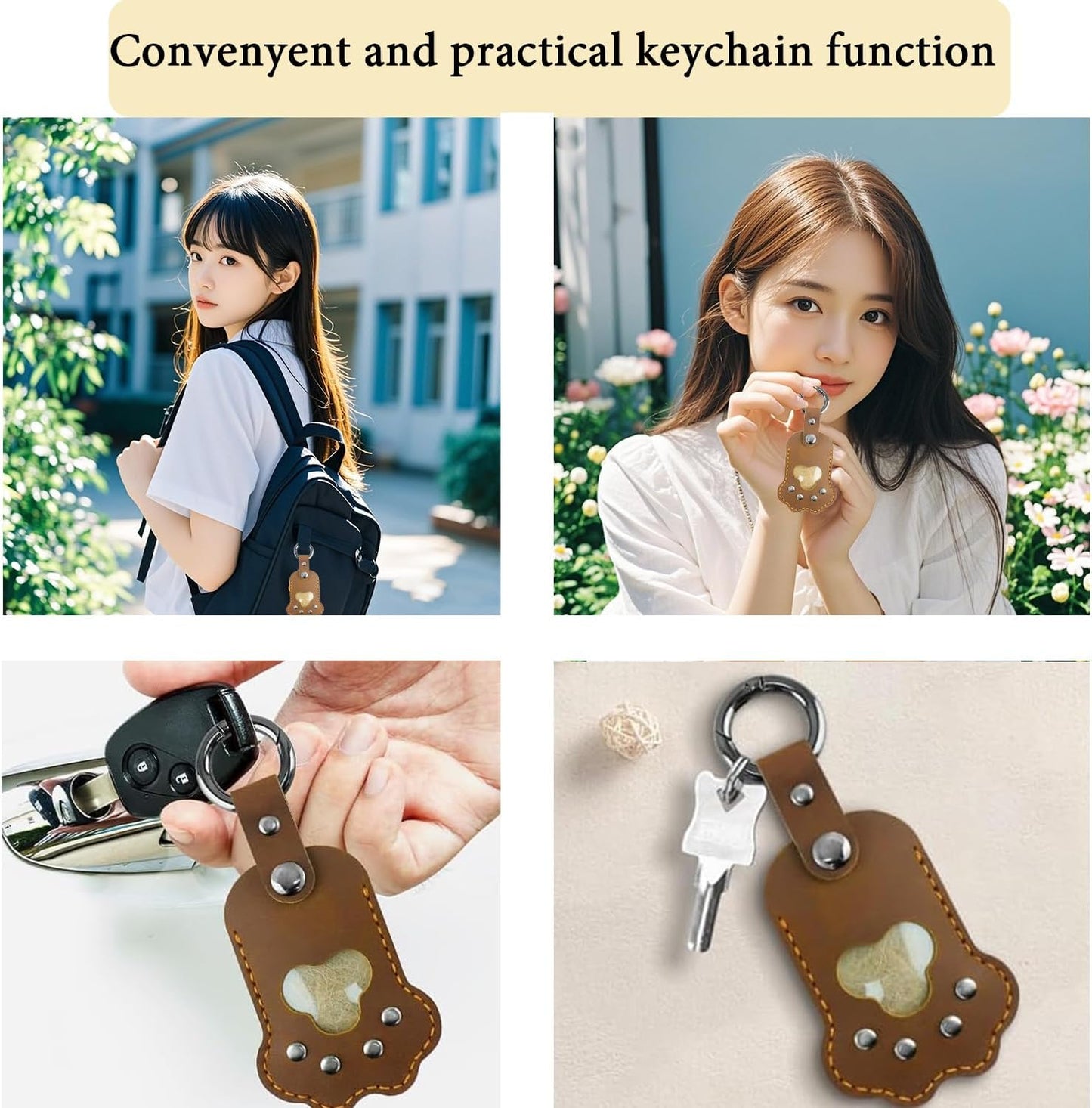 Leather Pet Memorial Keychain, Cat & Dog Hair Keychain, Cute Paw Shaped Keychain, Pet Memorial Gift for Pet Lovers, Key Holder with Collecting Pet Fur and Photo