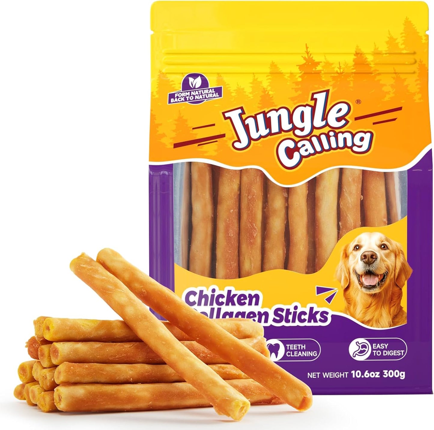 Jungle Calling Dog Treats, Chicken Beef Collagen Sticks, Chew Bones Treat for Small Medium Breed Moderate Chewers, Bully Stick, Long Lasting High Protein Easy to Digest, 5 Inch 10.6 oz