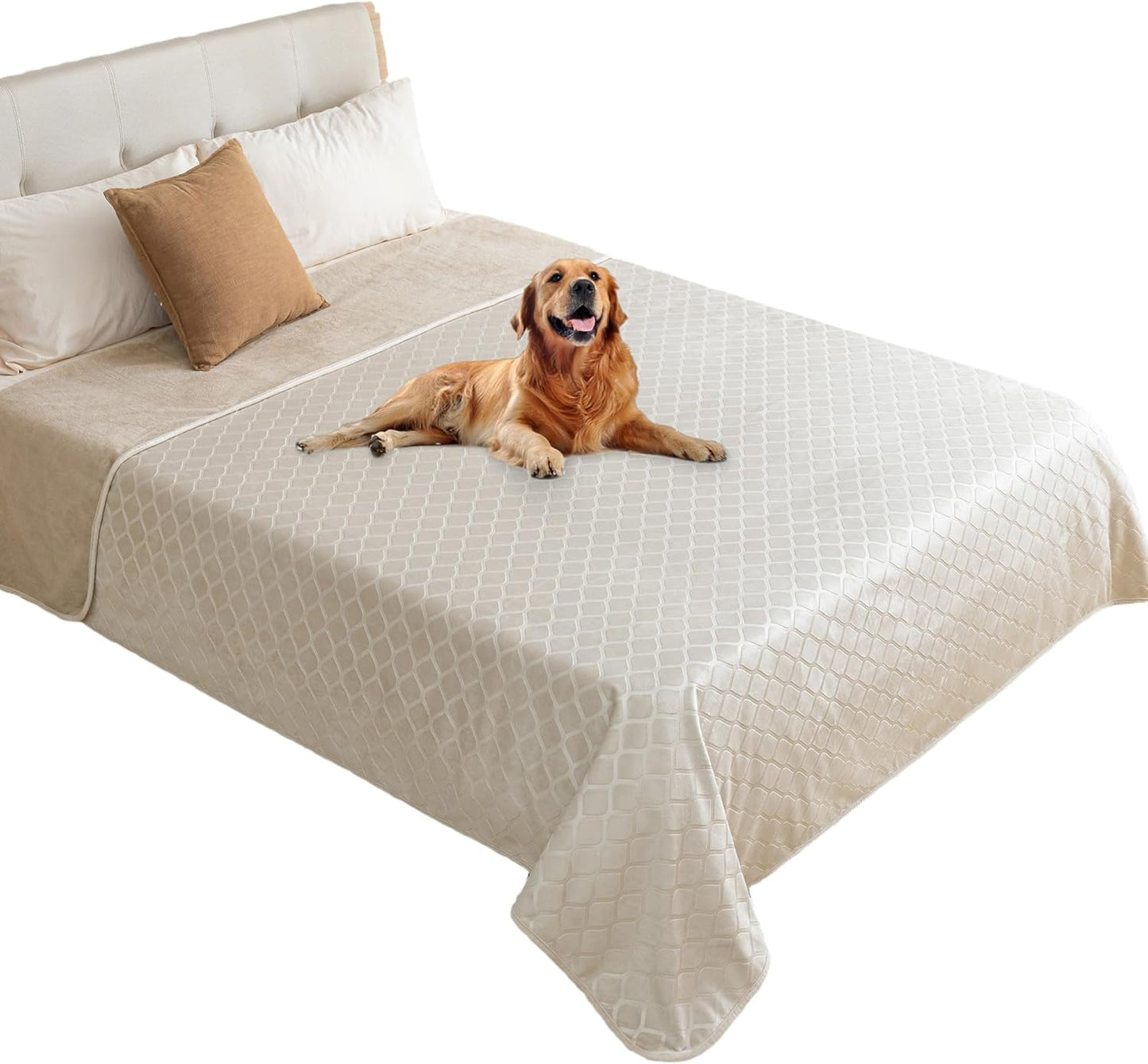 fuguitex Waterproof Dog Blanket Bed Cover Dog Crystal Velvet Moroccan Fuzzy Cozy Plush Pet Blanket Throw Blanket for Couch Sofa(82 * 102 inch, Cream+Beige)