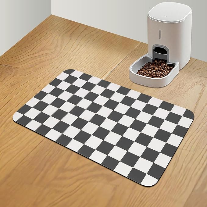 Checkered Pet Feeding Mat, Absorbent Dog Mat for Food and Water Bowls Dispenser 12" x 20" Black