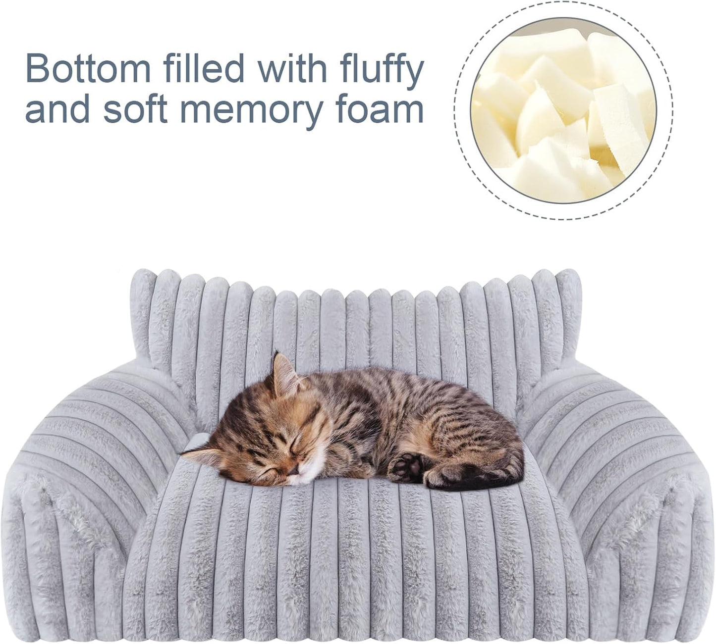Cute Cat Couch Bed for Indoor Cats, Fluffy Pet Cat Sofa with Premium Soft Corduroy Fleece, Cute Small Dog Beds for Small Dogs, Fuzzy Puppy Chair with Removable Washable Cover (24x18x10,Grey)