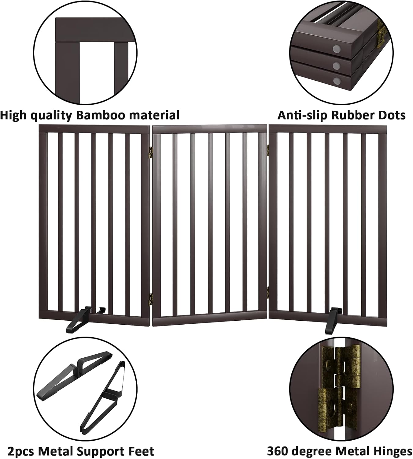 Dog Gate for Doorways 32" Tall Freestanding Dog Gate for Stair Foldable Pet Gate for Dogs Indoor (Brown,3 Panel)