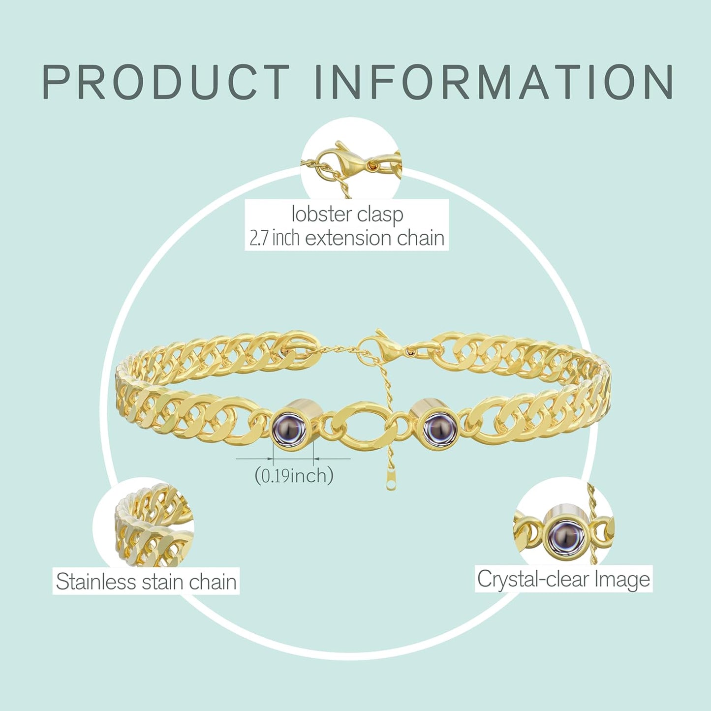 EMIRISTIC Custom Photo Bracelet - Personalized Picture Natural Stone Cuban Chain Bracelet - Any Special Day Gifts