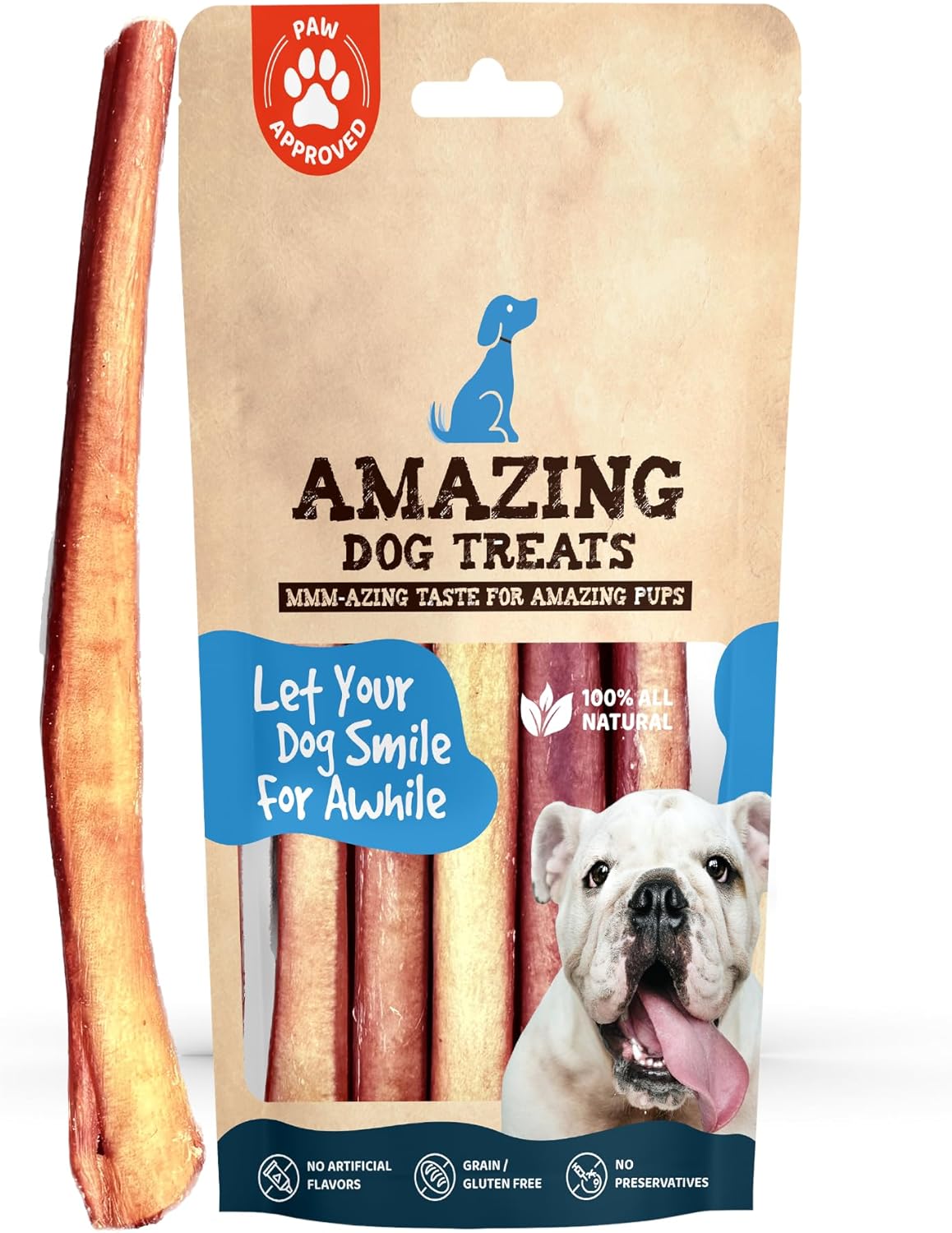 Amazing Dog Treats Bully Sticks 12 Inch - Extra Thick, Long Lasting - 5 Pcs/Pck