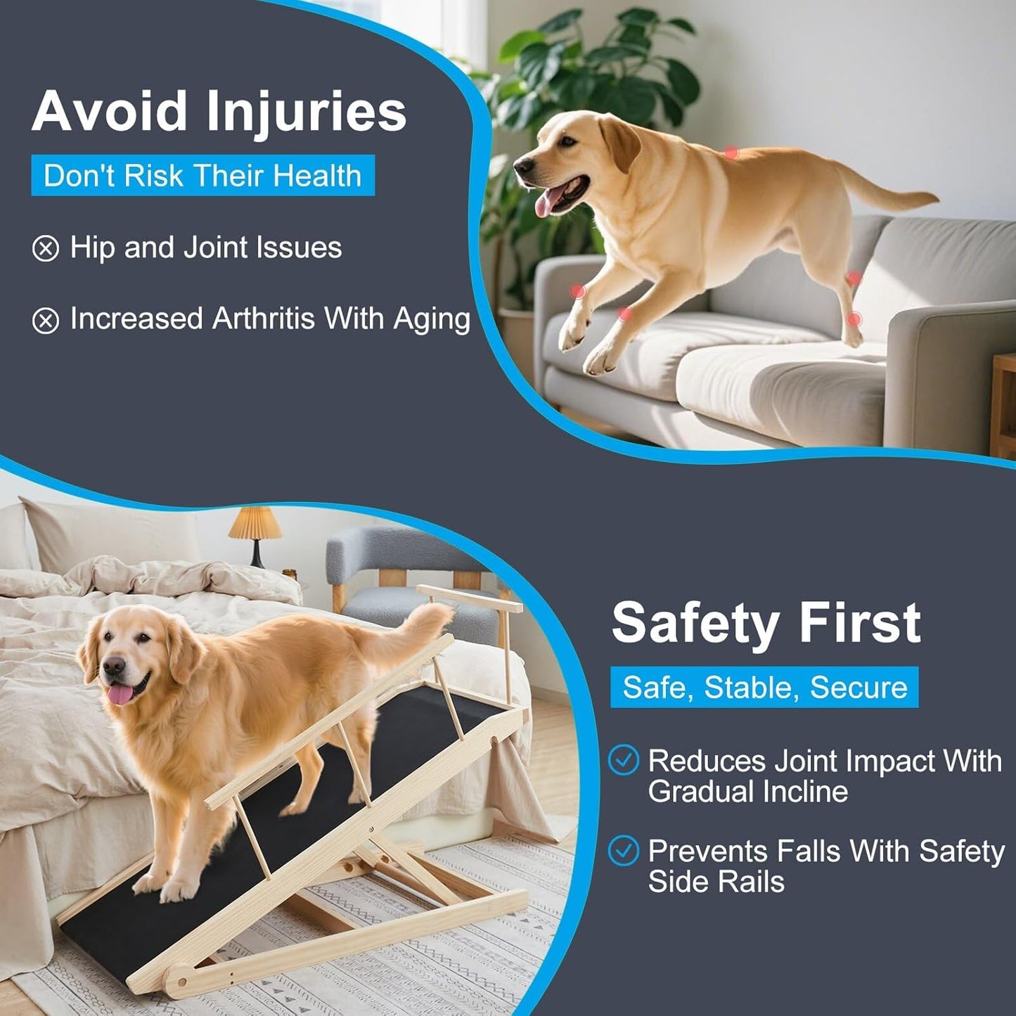 Dog Ramp for Bed and Couch, 5 Height Adjustable Solid Wood Pet Ramp for Small, Medium & Large Dogs, Collapsible Anti-Slip Dog Ramp for Sofa, Couch & Beds(Wood, 115)