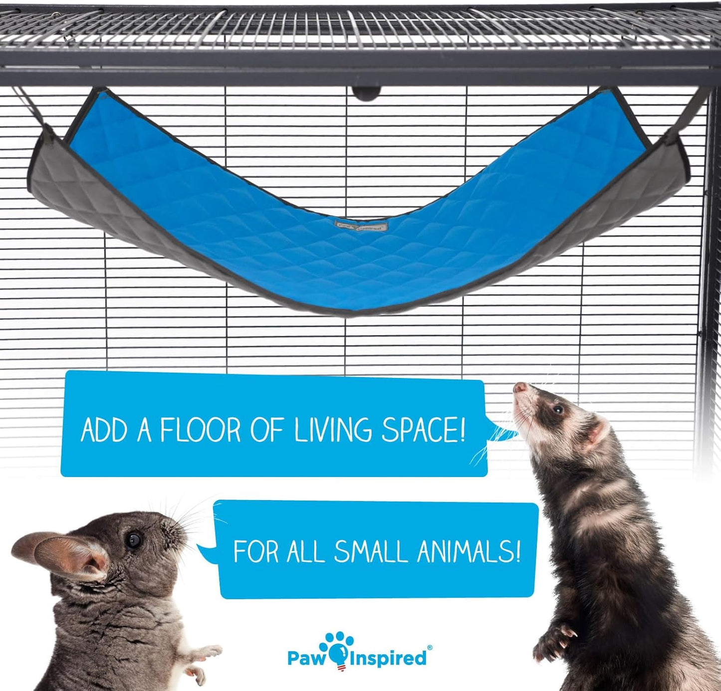Paw Inspired Hanging Fleece Hammock for Ferrets, Rats, Chinchillas, Sugar Gliders, Small Pets | Hideout Toy for Guinea Pigs, Hamsters | Swivel Clips for Small Animal Cages (Gray/Blue)