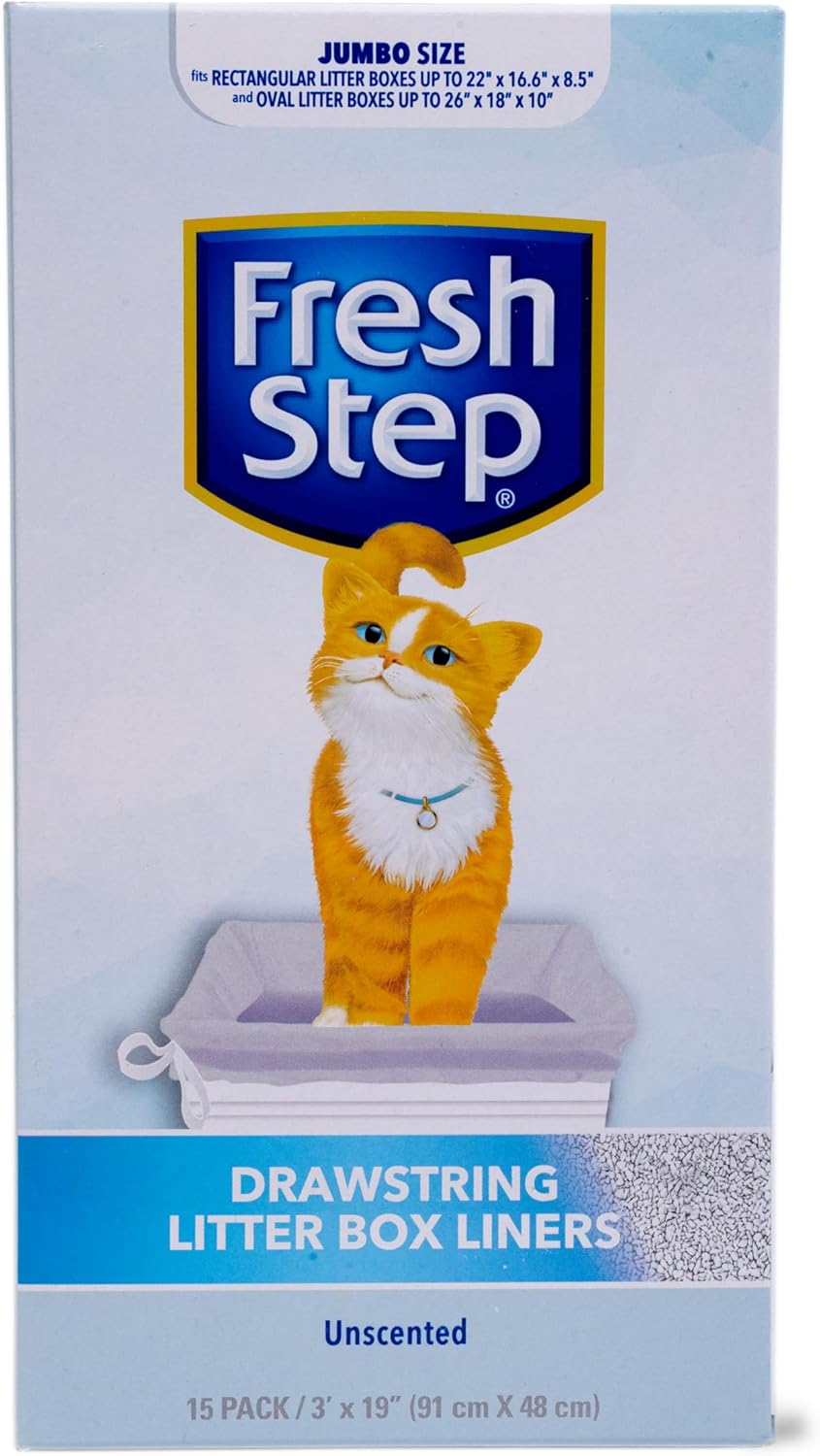 Fresh Step Drawstring Cat Litter Box Liners, Unscented - Kitty Litter Bags for Rectangle or Oval Large Litterboxes, Size Jumbo, 36" x 19" - 15 Count - 12 Pack