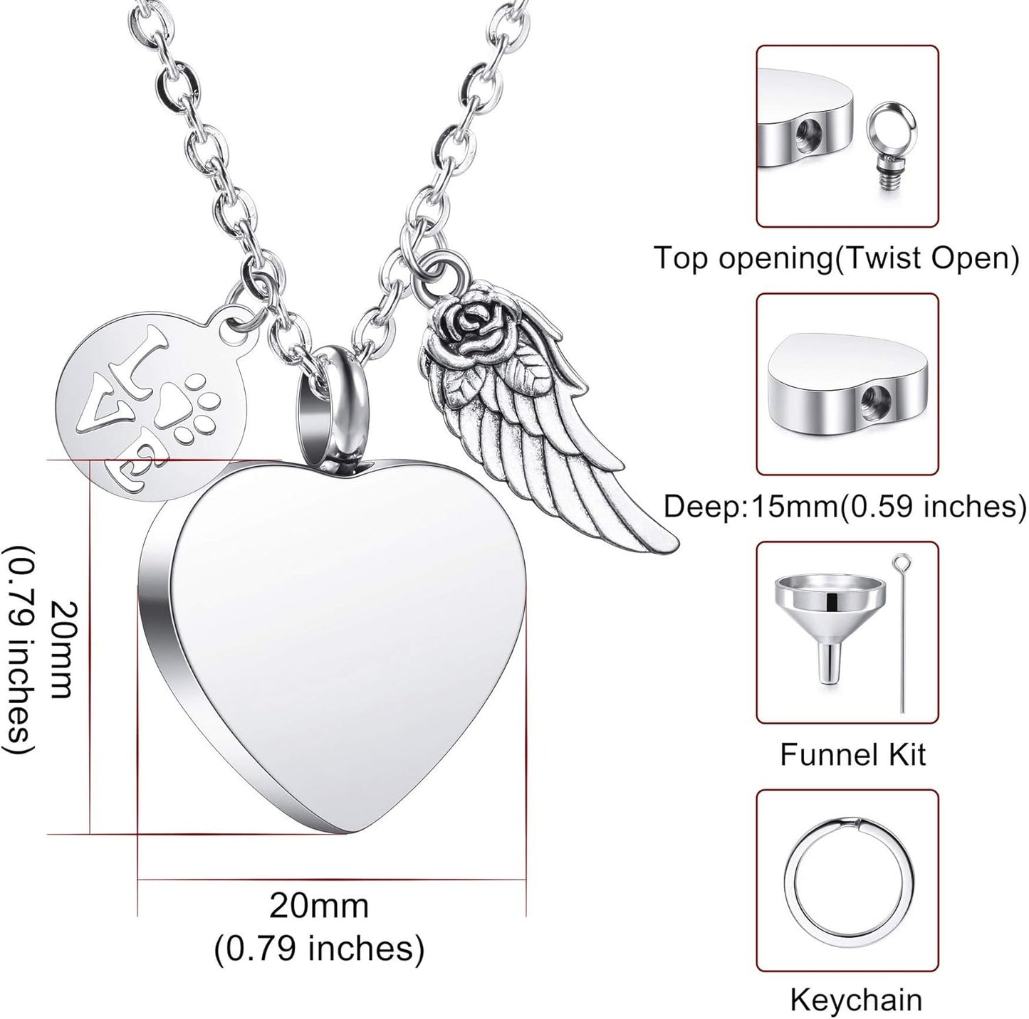 MeMeDIY Personalized Heart Paw Print Ashes Urn Pendant Necklace Custom Name/Photo/Date for Women Men Pet Lover Stainless Steel Memorial Dog Cat Pet Keepsake with Funnel Fill Kit Angel Wing