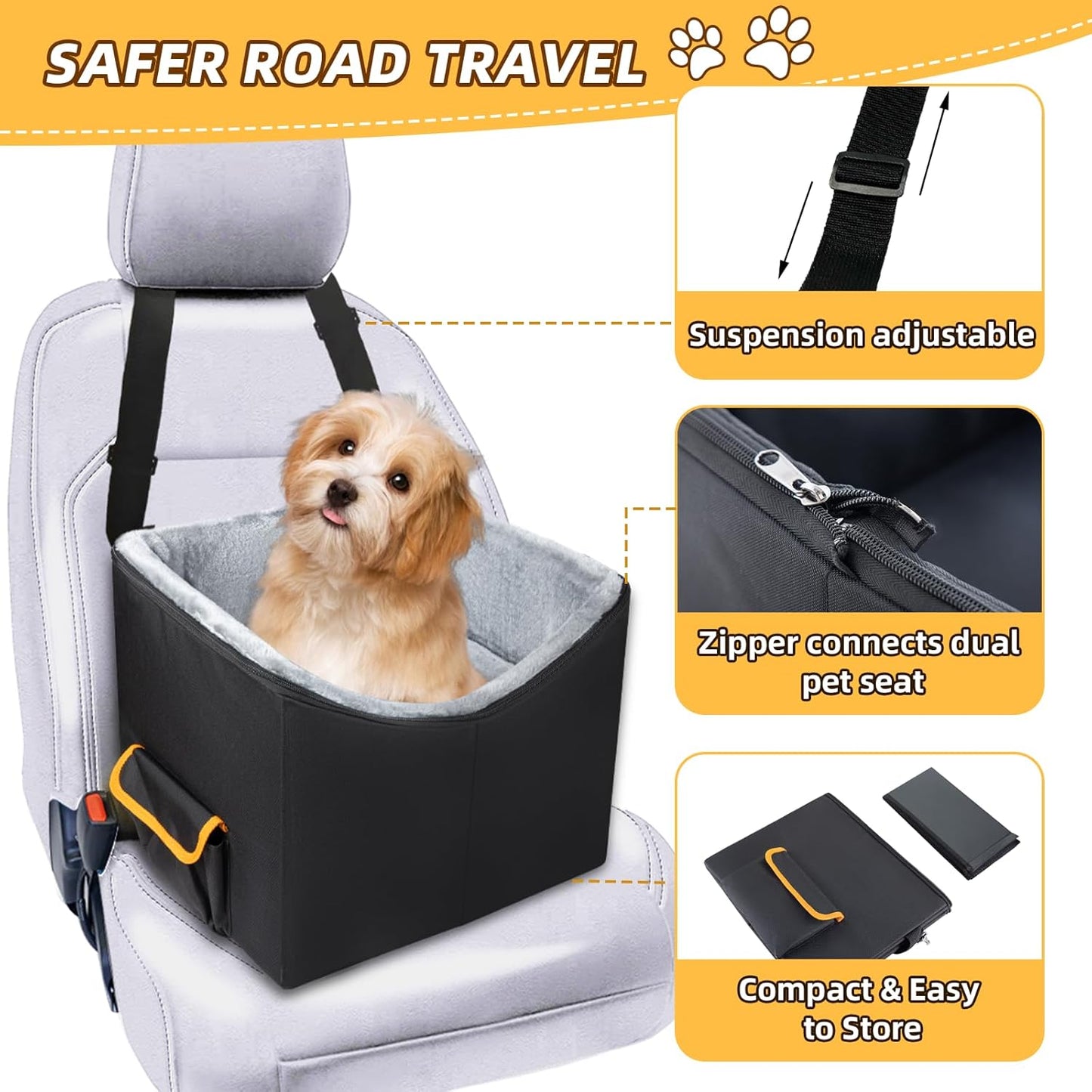JJRING Dog Car Seat for Small Dogs, Pet Booster Seat, Elevated Dog Car Seat, Washable and Detachable Puppy Car Seat, Black