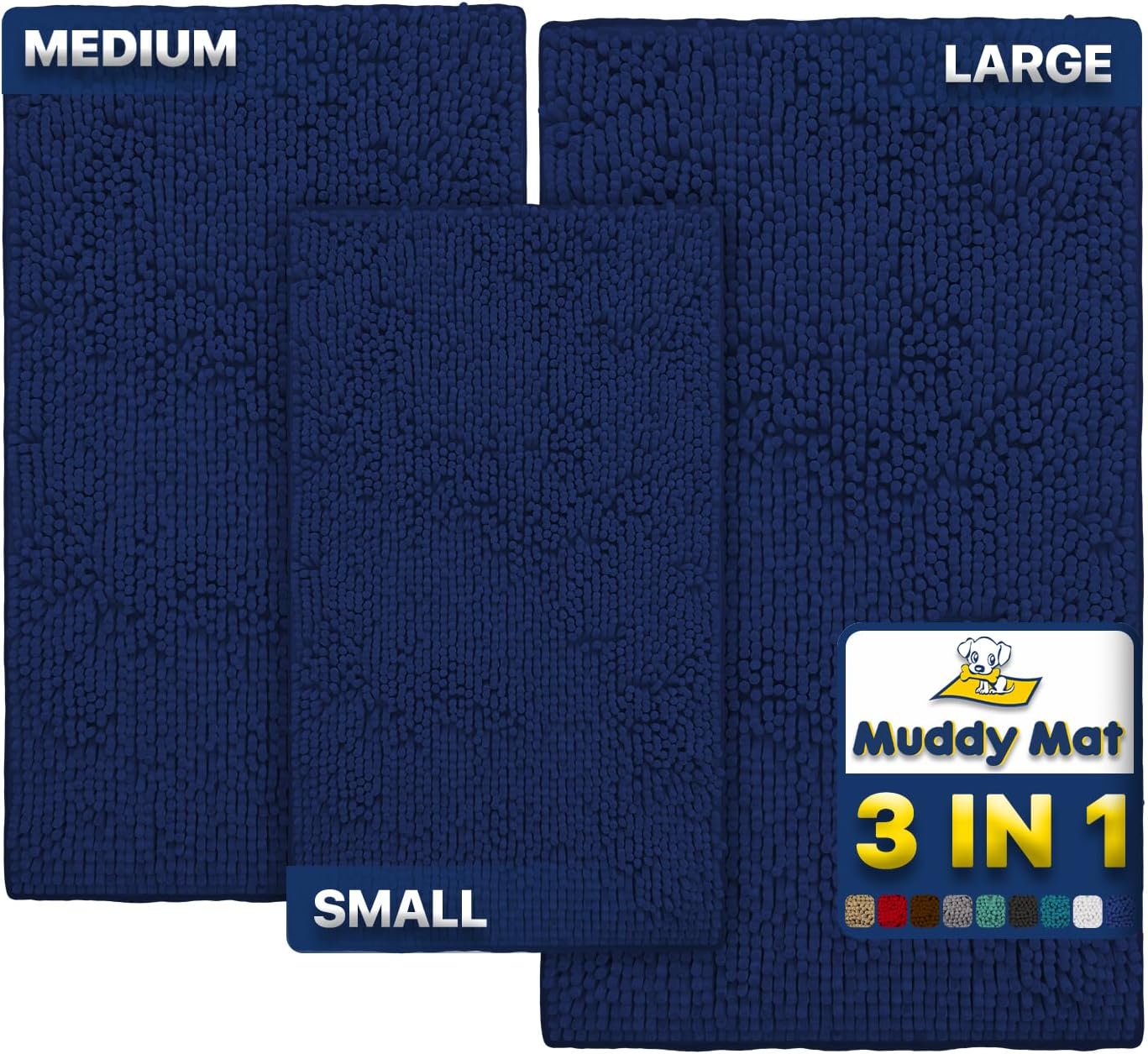 Muddy Mat® Pack of 3 Highly Absorbent Microfiber Dog Door Mat and Pet Rug, Non Slip Thick Washable Area Mat Soft Chenille for Kitchen Bathroom Bedroom and Outdoor - Navy Blue Small, Medium & Large