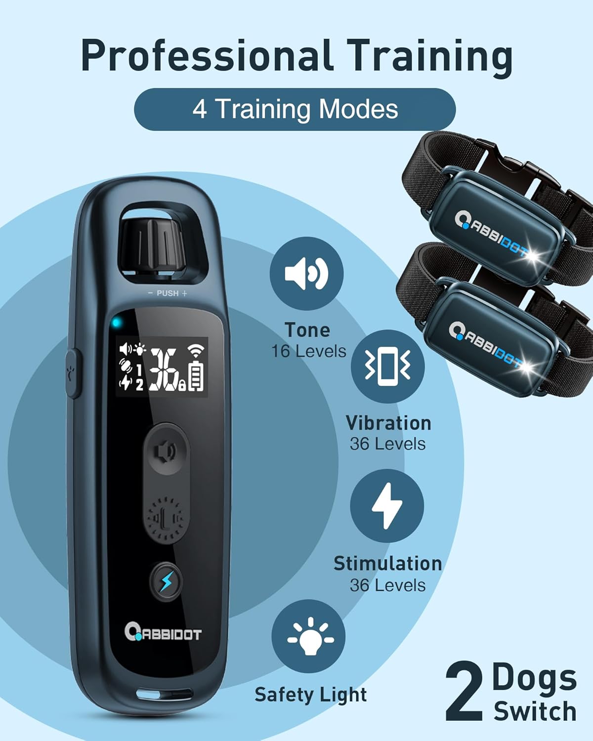 ABBIDOT Dog Shock Collar, 3300 FT Dog Training Collar with Remote, IPX7 Waterproof with 4 Training Modes, Rechargeable E-Collar for Small Medium Large Dogs (5-120 lbs)