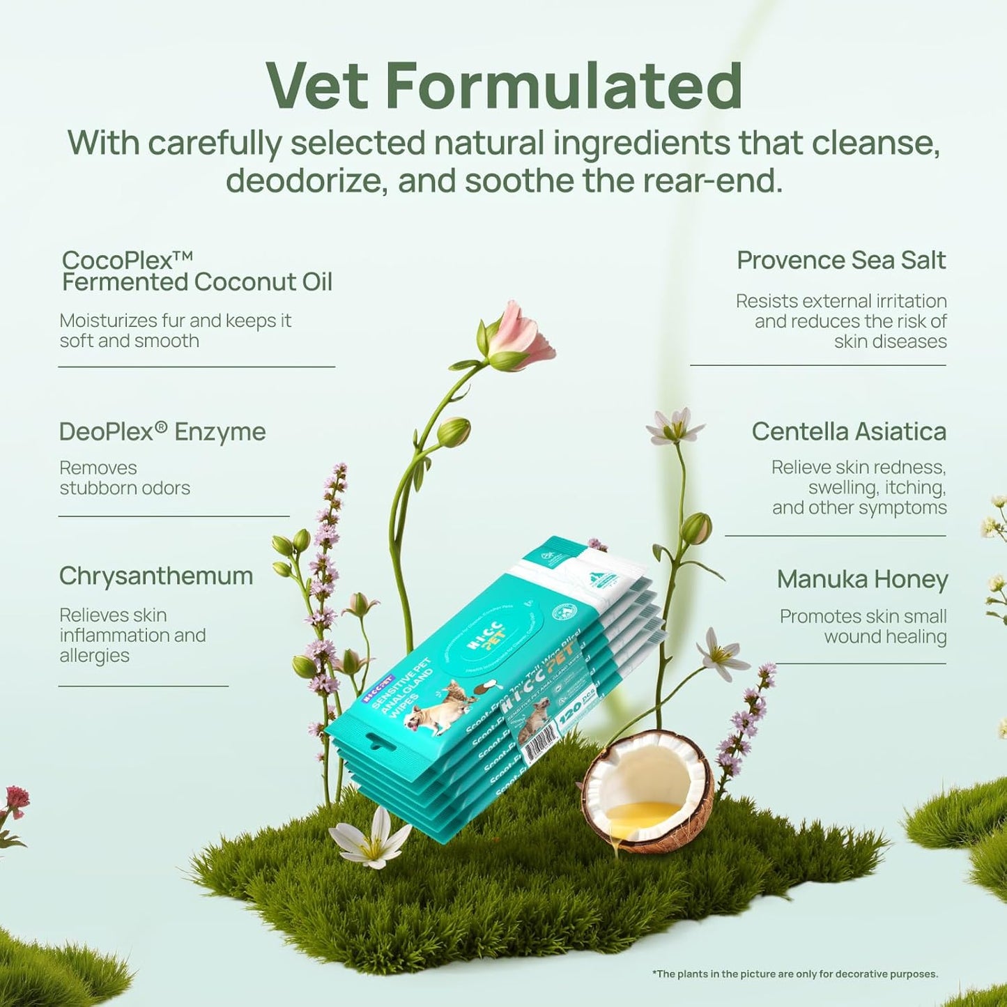 HICC PET Wipes for Dogs & Cats, Vet Recommended Cleansing Deodorizing & Soothing Allergy Infections Anal Gland Wipes with Coconut Oil, Dog Wipes for Cleaning Butt Paw, Remove Small Animal Coat Stain