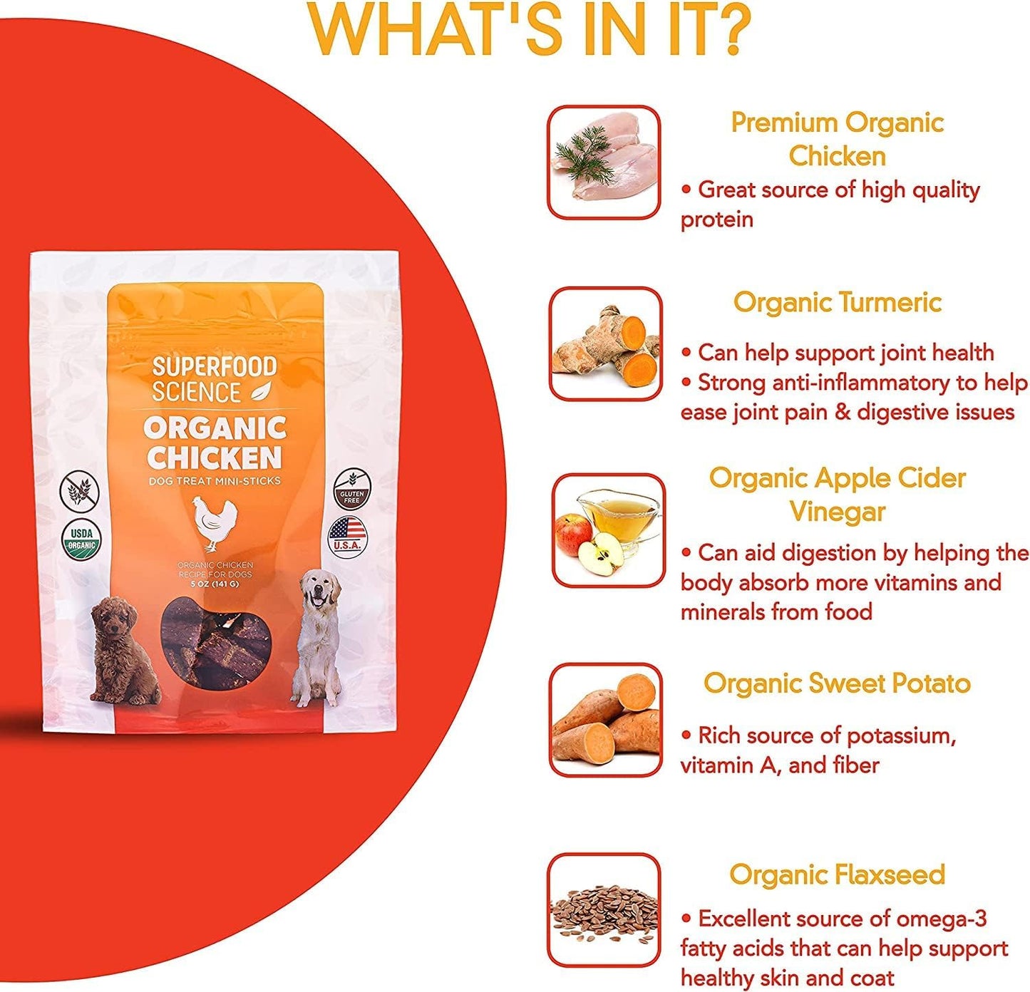 Organic Dog Treats, w/ Chicken, Sweet Potato, Turmeric, & Flaxseed, Low-Calorie, Grain-Free, Semi-Soft, Natural Dog Jerky, Healthy Dog Treats for Training Puppies, Small, Medium & Large Breeds, 5 oz