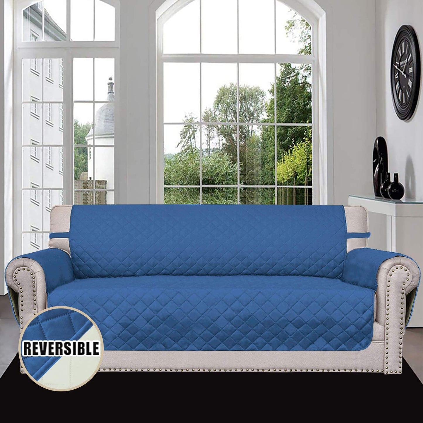 Easy-Going 4 Seater Sofa Slipcover Reversible Sofa Cover Water Resistant Couch Cover with Foam Sticks Elastic Straps Furniture Protector for Pets Children Dog Cat (XX-Large, Blue/Ivory)
