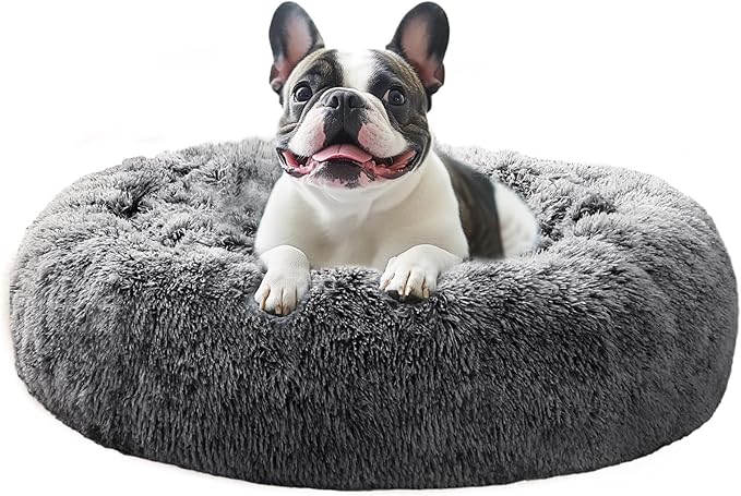 JOLLYVOGUE Large Calming Dog Bed, Anti-Anxiety Donut Cuddler Cat Bed with Anti-Slip Bottom, Fluffy Faux Fur Machine Washable Pet Cushion for Medium Large Dog & Cat, 36"/Smoke Black