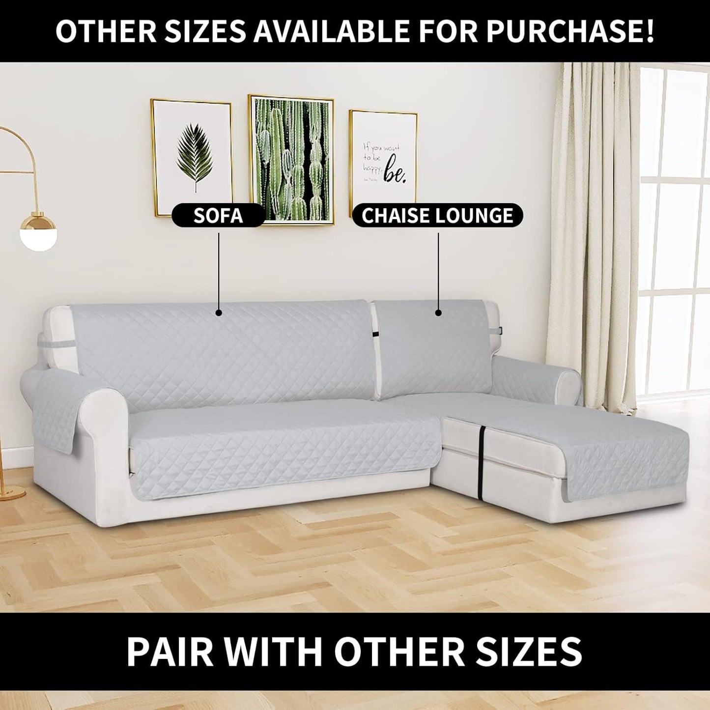 Easy-Going Reversible Chaise Lounge Couch Cover Water Resistant Sofa Cover Sectional L Shaped Sofa Slipcover with Adjustable Straps Furniture Protector for Dogs (115X34 in, Light Gray/Light Gray)