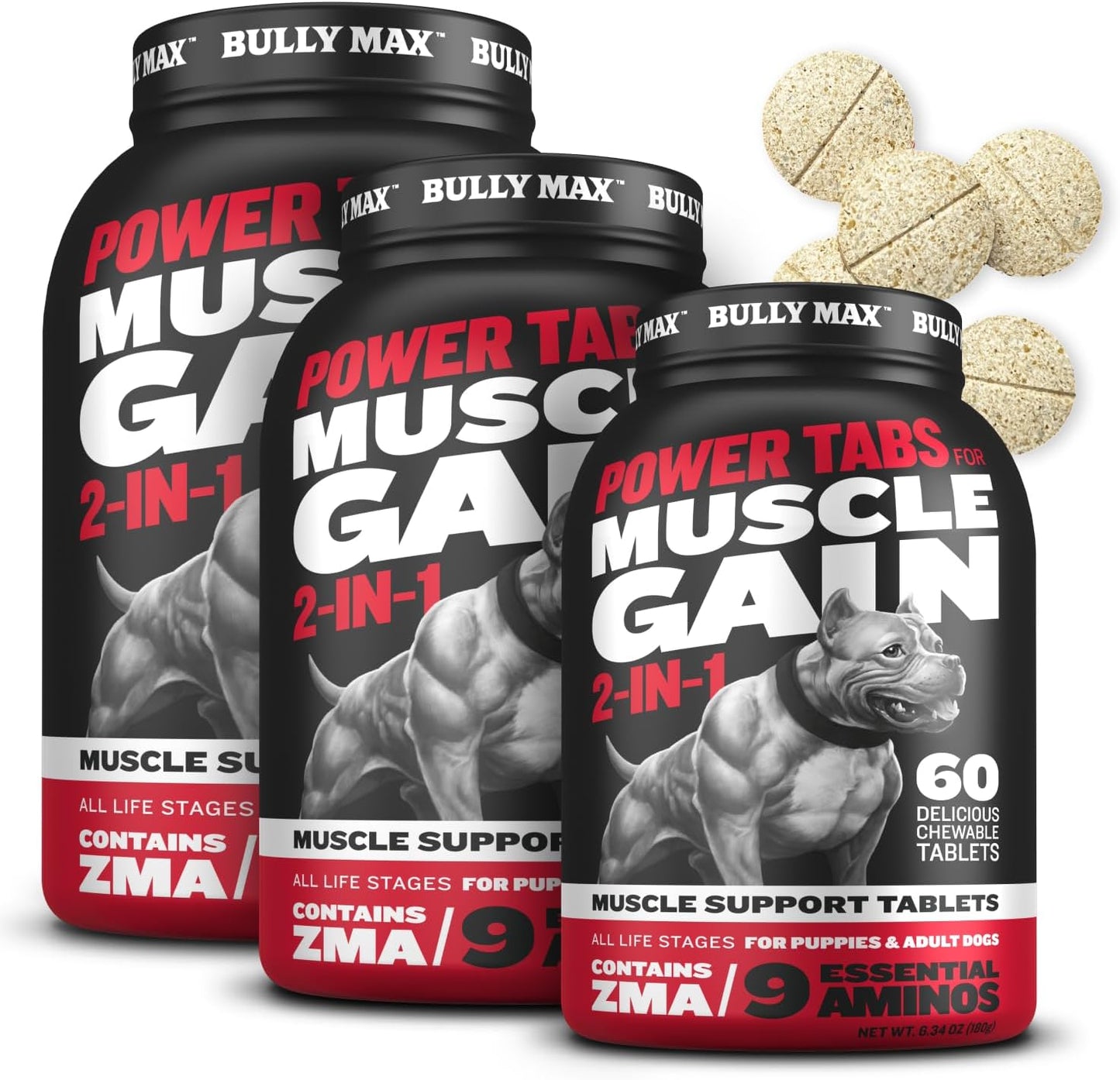 Bully Max 2-in-1 Muscle Builder Chewable Tablets for Puppies & Adult Dogs - Dog Vitamins & Supplements for Muscle Gain & Growth - Canine Puppy Multivitamins for All Breeds & Ages - 60 Tabs (3 Bottles)
