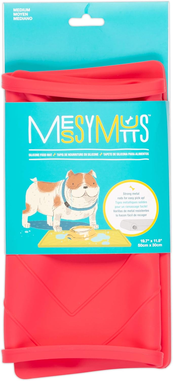 Messy Mutts Silicone Non-Slip Dog Bowl Mat with Raised Edge and Two Sides Reinforced with Metal Rods | Dog/Cat Bowl Mat with Spill-Proof Lip | Large, 24” x 16” | Watermelon