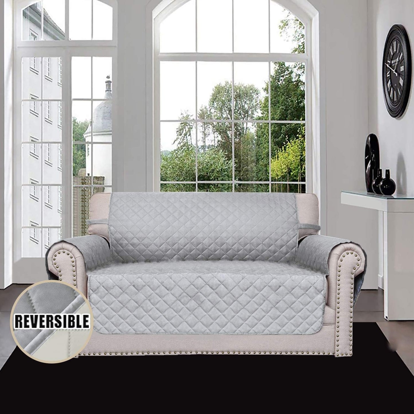 Easy-Going Reversible Loveseat Couch Cover for 2 Cushion Couch Sofa Cover for Dogs Water Resistant Furniture Protector with Foam Sticks Elastic Straps for Pet (Loveseat, Light Gray/Ivory)