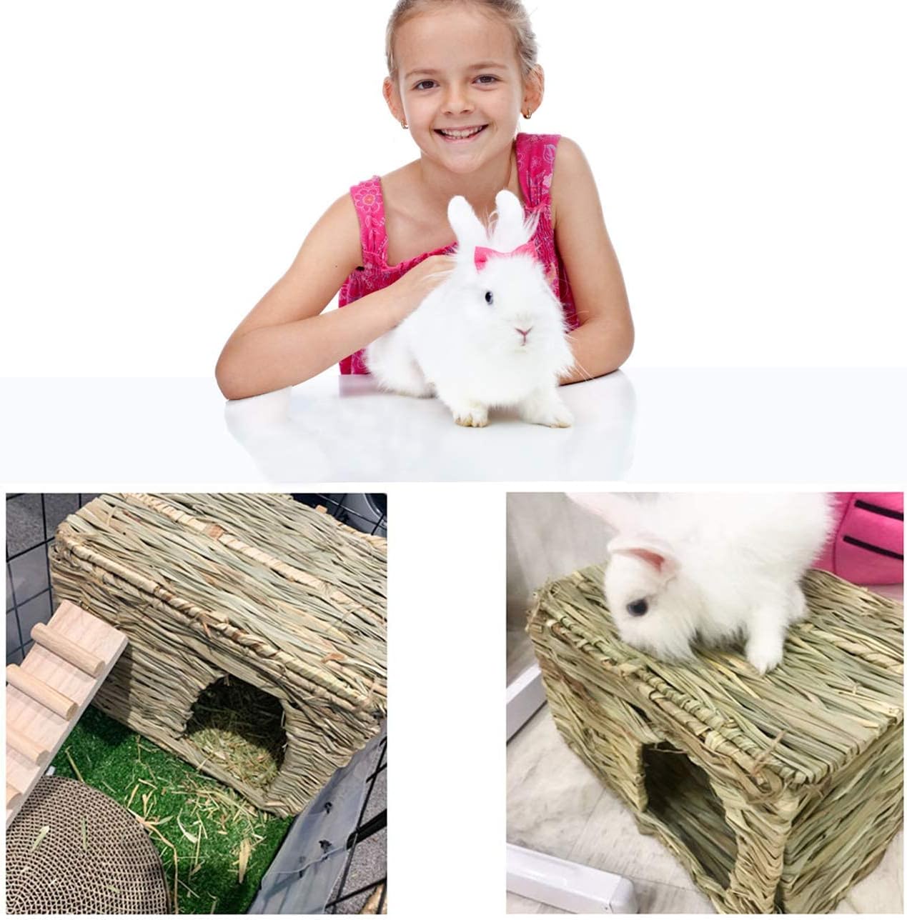 HERCOCCI Extra Large Grass House for Rabbit, Foldable & Comfortable - Small Animal Hut Play Hideaway Bed Hay Mat Chew Toy for Bunny Guinea Pig Hamster Chinchilla (2 Pack)