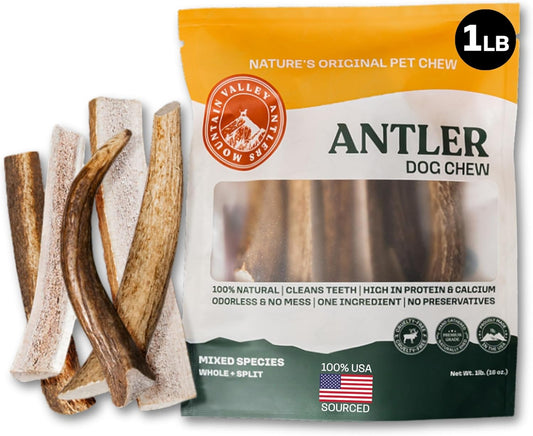 Mountain Valley Mixed Species Antlers for Dogs - 100% Natural & Organic Chew for Aggressive Chewers, No Odor, No Mess, Long Lasting - Wild-Foraged Naturally Shed Antler in USA - Grade A Pack (1 LB)