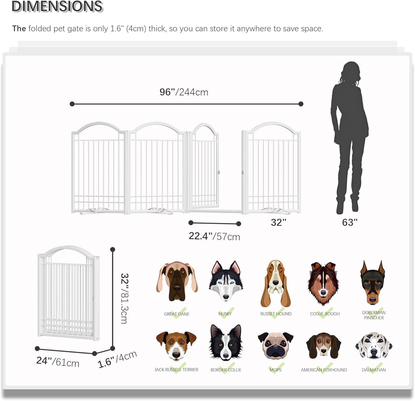 4NM Metal No Drilling Expandable Dog Gate, Extra Wide 96", Extra Tall 32" Free Standing Pet Gate with Door, Gates for Dogs Outdoor or Indoor, with 3PCS Support - White