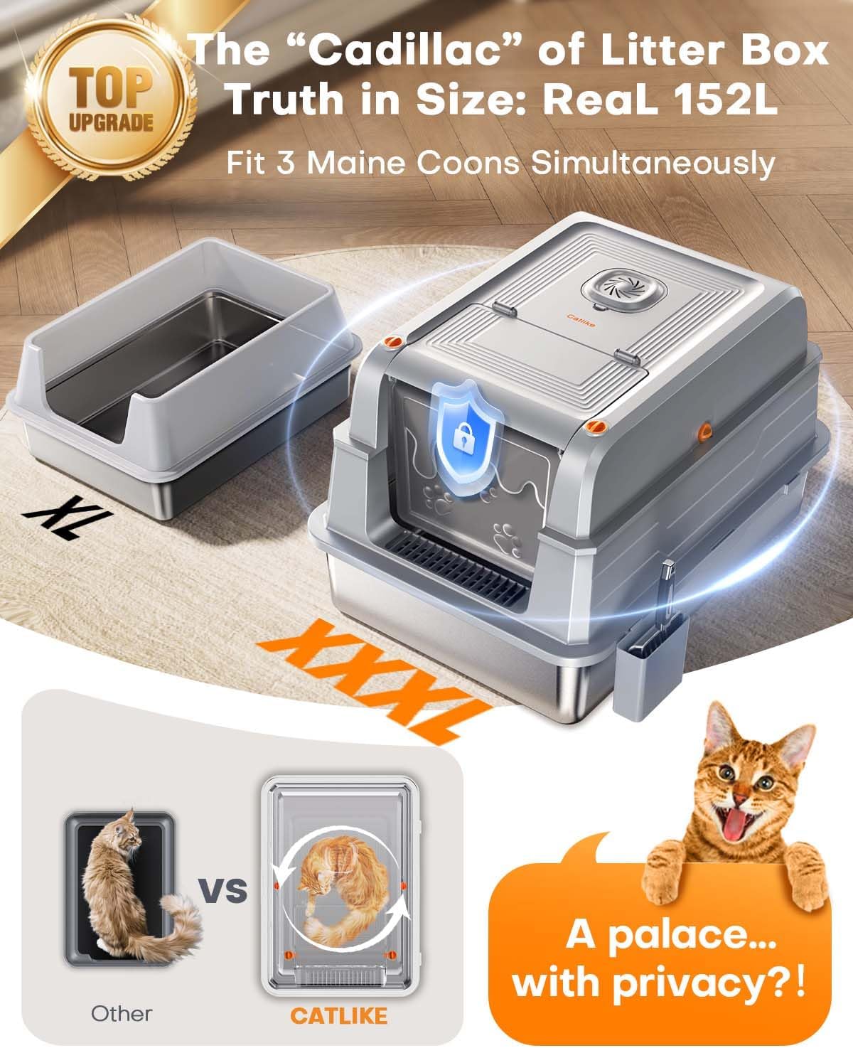 CATLIKE 2025 Upgrade 152L XXXL Stainless Steel Cat Litter Box - 3-Layer Urine Leak-Proof, Enclosed Design w/Charcoal Filter for Maine Coon & Multi-Cat Homes, Includes Metal Scoop & Mat
