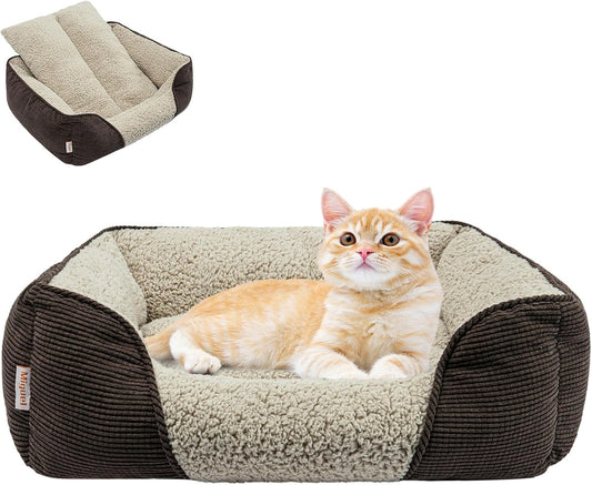 Miguel Washable Cat Bed for Indoor Cats With Removable Cushion, Easy to Wash Small Pet Sofa With Side, Rectangle Bolster Kitten Calming Cuddle Puppy Bed, Anti-Slip Bottom, Brown 20 Inch