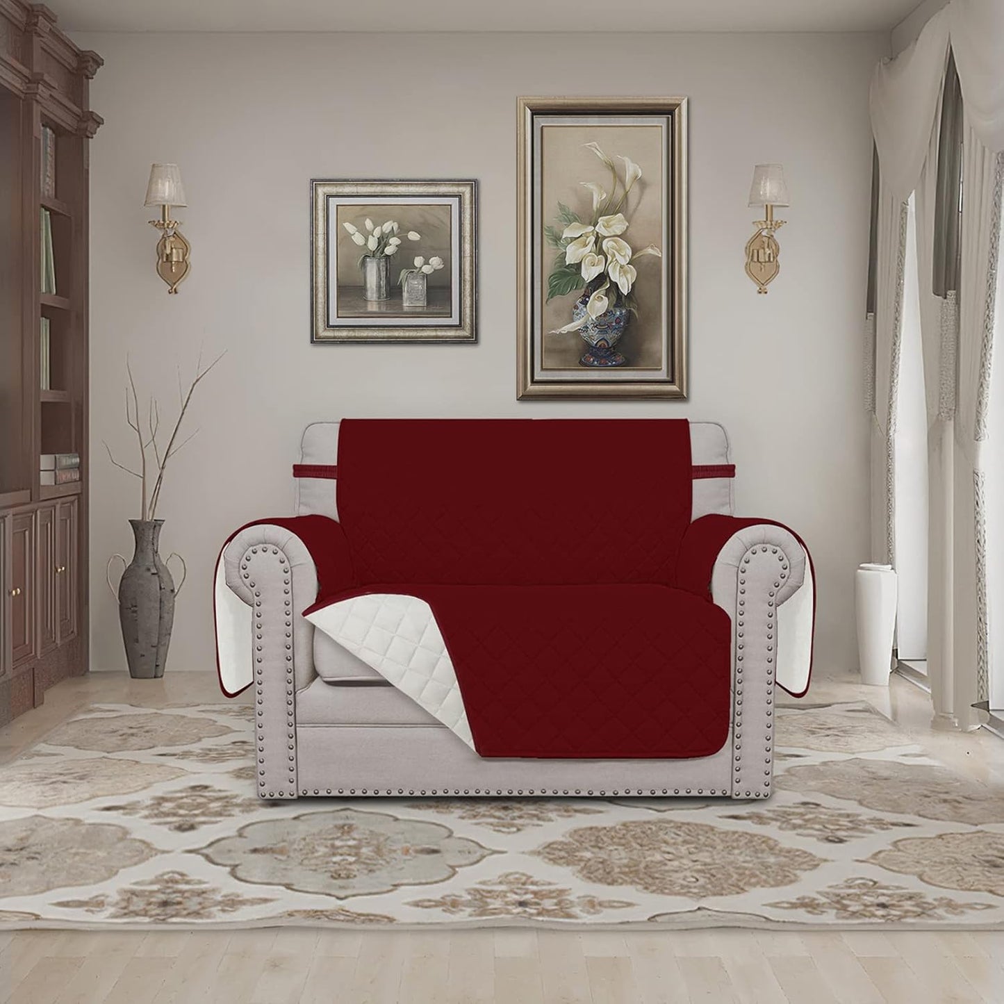 Easy-Going Oversized Chair Sofa Slipcover Reversible Sofa Cover Water Resistant Couch Cover Furniture Protector Cover with Elastic Straps for Pets Dog (Oversized Chair, Christmas Red/Ivory)