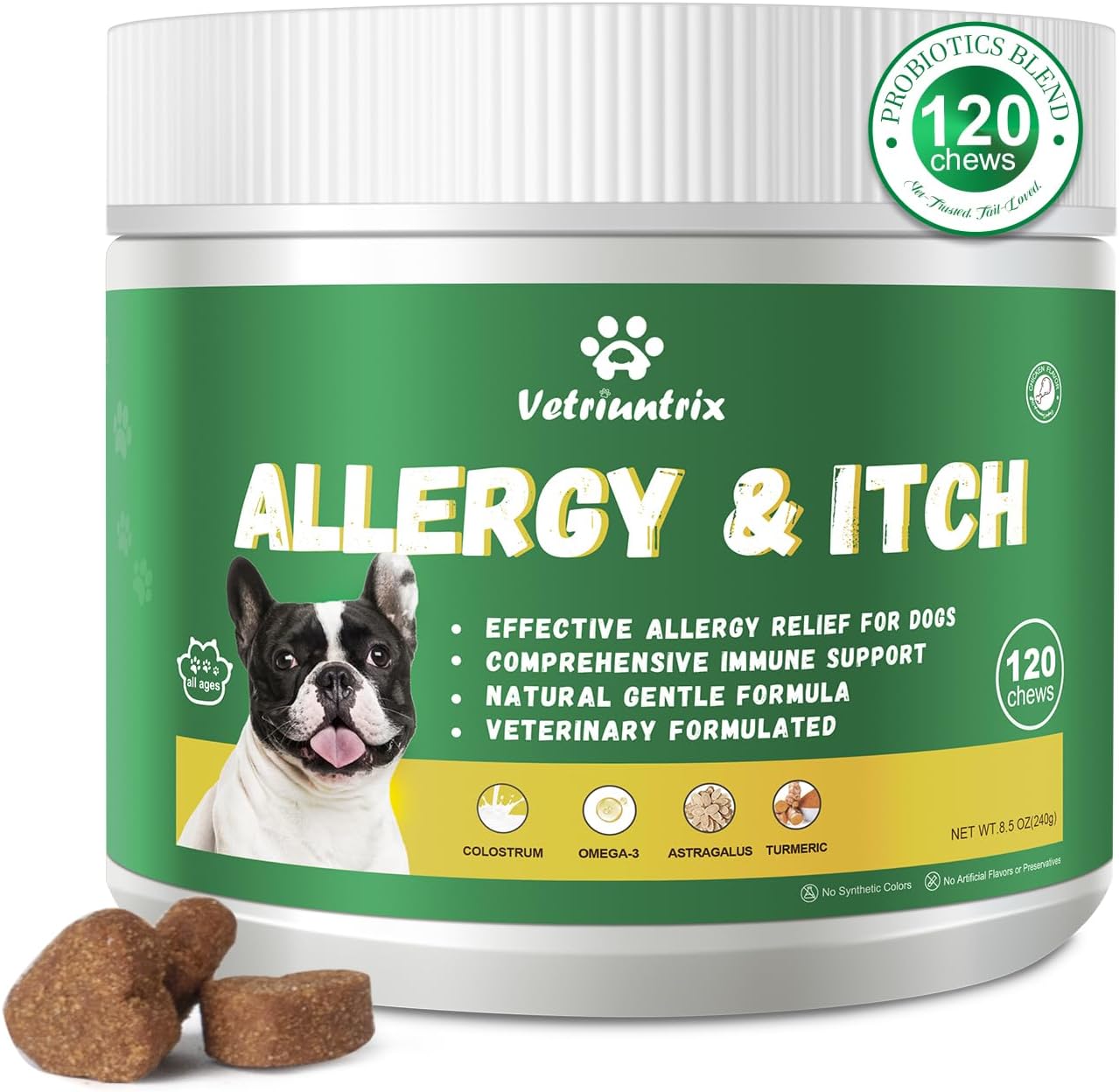 Dog Allergy Chews 120ct, Dogs Allergy Relief Chews for Paw Licking Itchy Skin Coat Supplement, Probiotics for Dogs with Colostrum Omega-3 Astragalus Immune Supplement