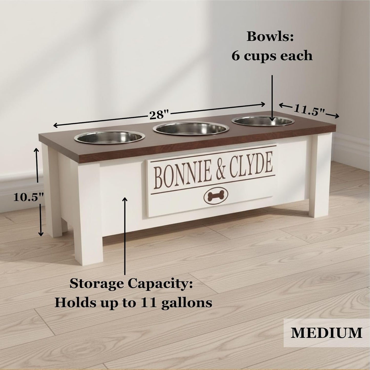 GrooveThis Woodshop - Personalized Elevated Triple Dog Bowl Stand for Large, Medium, Small, X-Small Dogs - 3 Stainless Steel Food and Water Bowls - Raised Dog Dish with Internal Storage (Medium, Pink)