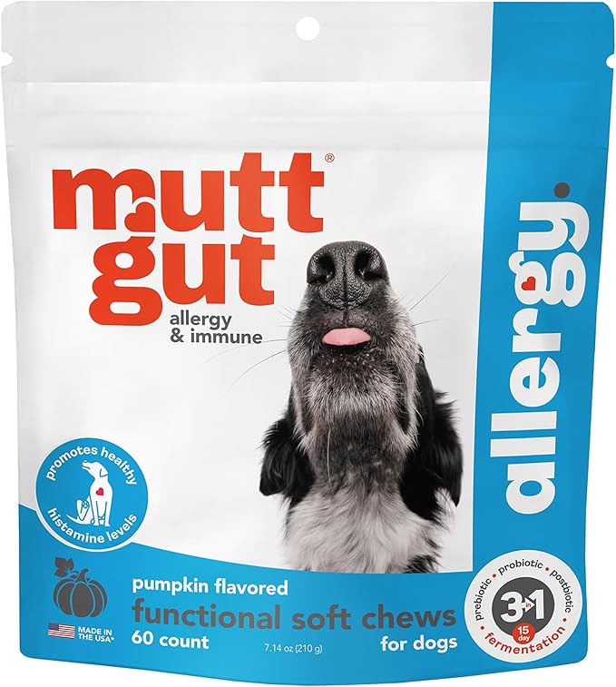 MuttGut® Dog Allergy and Immune Chews - Itch Relief for Dogs with Skin & Coat Support - Allergy Relief for Dogs Itching & Licking - Pet Allergy Chews for Seasonal Allergies - 60 Soft Chews