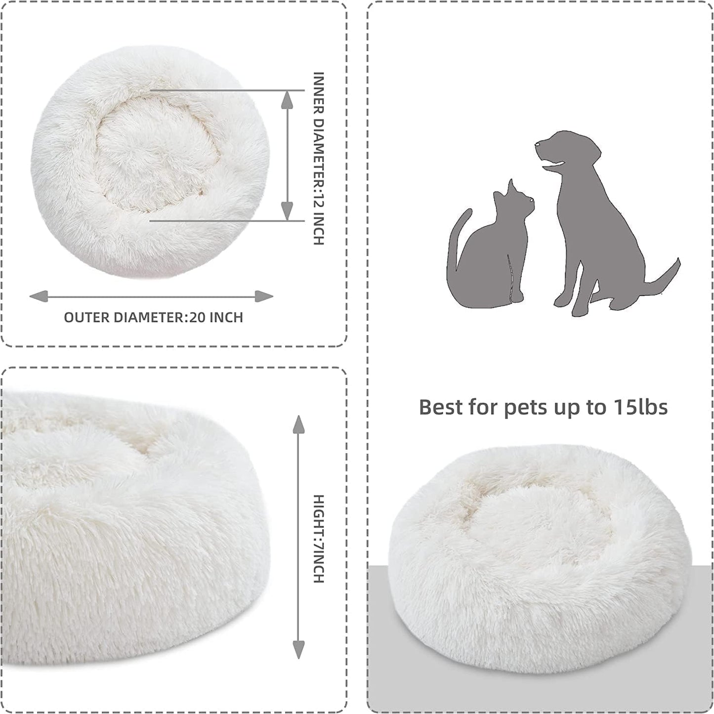 Cat Beds for Indoor Cats - Cat Bed Washable 20/24 inches, Dog Beds for Small Medium Dogs, Anti Anxiety Round Fluffy Plush Faux Fur Pet Bed, Thick Bottom