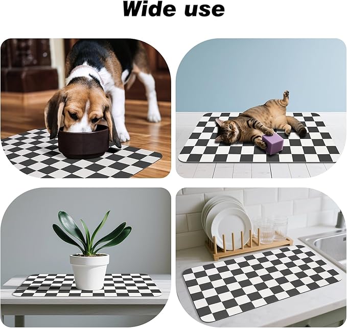 Checkered Pet Feeding Mat, Absorbent Dog Mat for Food and Water Bowls Dispenser 12" x 20" Black