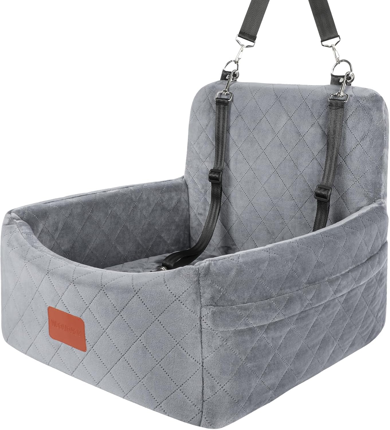 Dog Car Seat for Small Dogs Under 30lbs,Comfy & Safe Travel Bed with Washable Cover,2 Clip-On Safety Leashes and Pockets,Anti-Slip Base,Easy to Install(Grey)