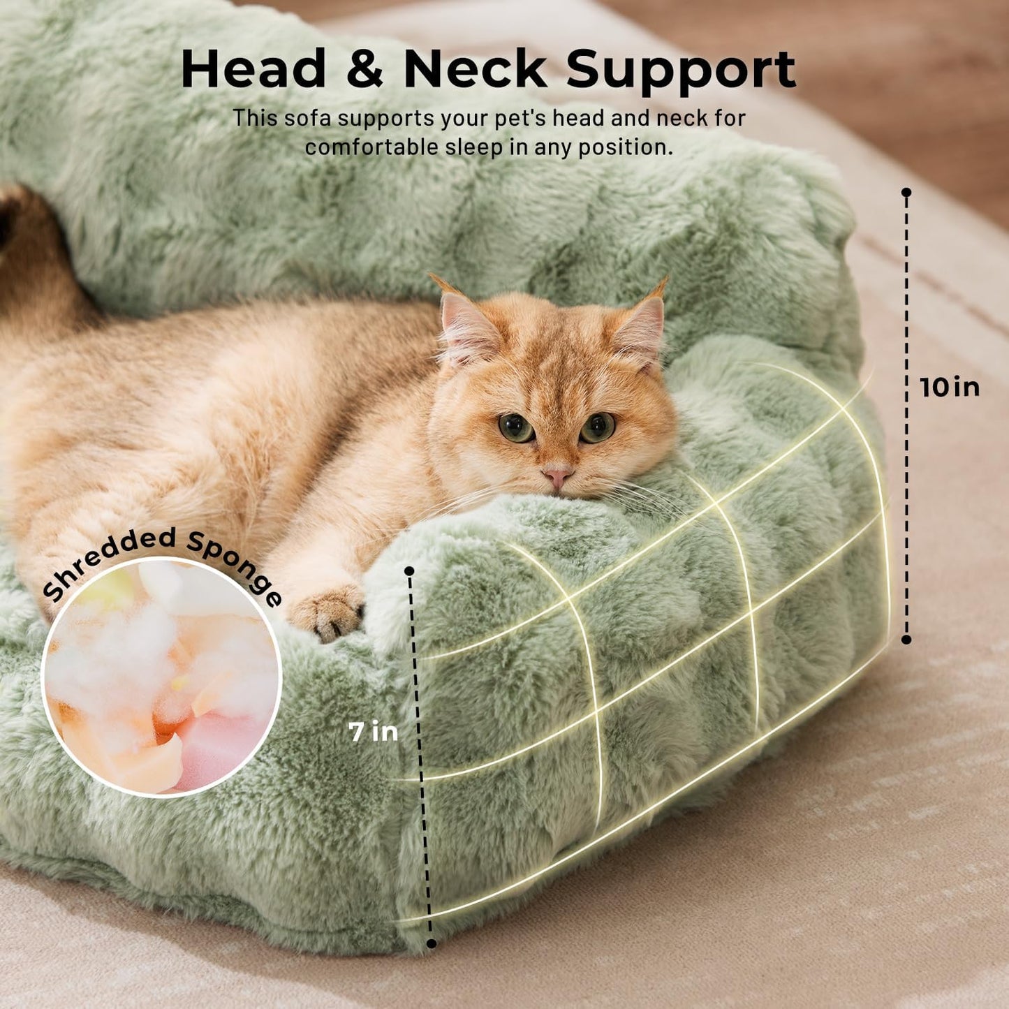 Cat Couch Bed for Indoor Cats-Orthopedic Cat Sofa with Supportive Egg Foam, Fluffy Cute Faux Fur Removable Washable Cover and Non-Slip Bottom, Sage Green