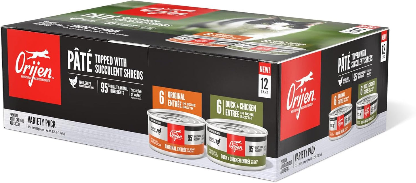 ORIJEN Premium Pate Wet Cat Food Variety Pack: Original + Duck & Chicken Recipes 3oz Cans (12 Count, 6 of Each)