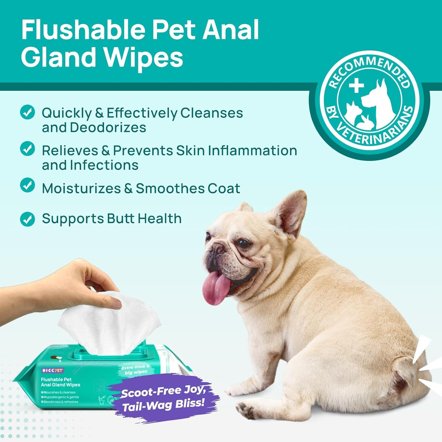 HICC PET Wipes for Dogs & Cats, Vet Recommended Cleansing Deodorizing & Soothing Allergy Infections Anal Gland Wipes with Coconut Oil, Dog Wipes for Cleaning Butt Paw, Remove Small Animal Coat Stain