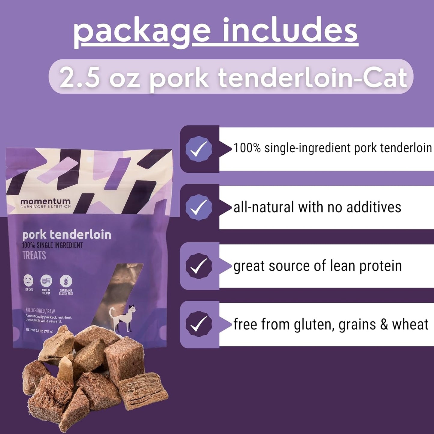 Momentum Carnivore Nutrition Freeze-Dried Pork Tenderloin Cat Treats – Single-Ingredient, All-Natural, Grain-Free Treats – 2.5 oz Bag
