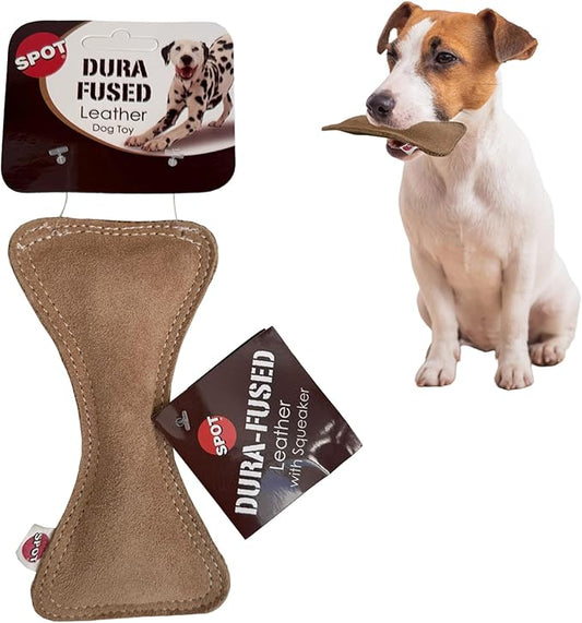 SPOT Dura-Fused Leather Small Bone Dog Toy – Durable Chew Toy with Real Leather & Jute, Squeaker, and Double-Stitched Seams for Moderate Chewers, Small & Medium Dogs, 7in