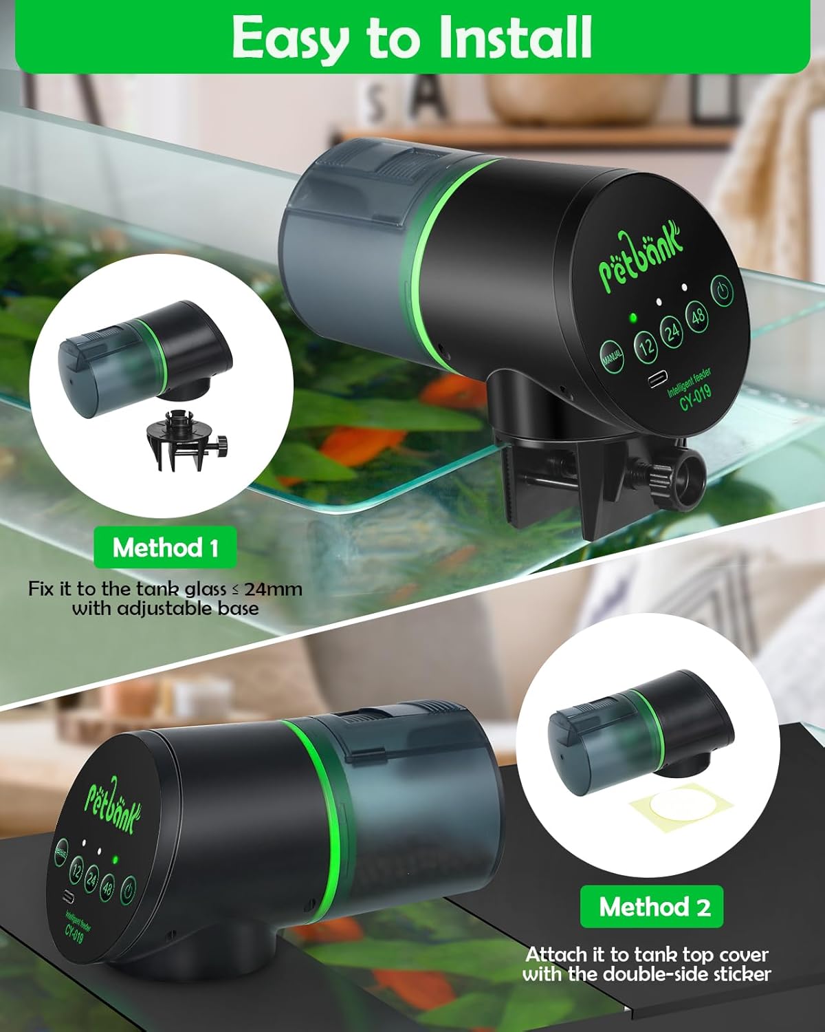 Automatic Fish Feeder for Aquarium - Auto Fish Food Dispenser Rechargeable for Small Large Tank with USB Charger Cable，12/24/48H Interval Esay Set Up (Black, CY-019)