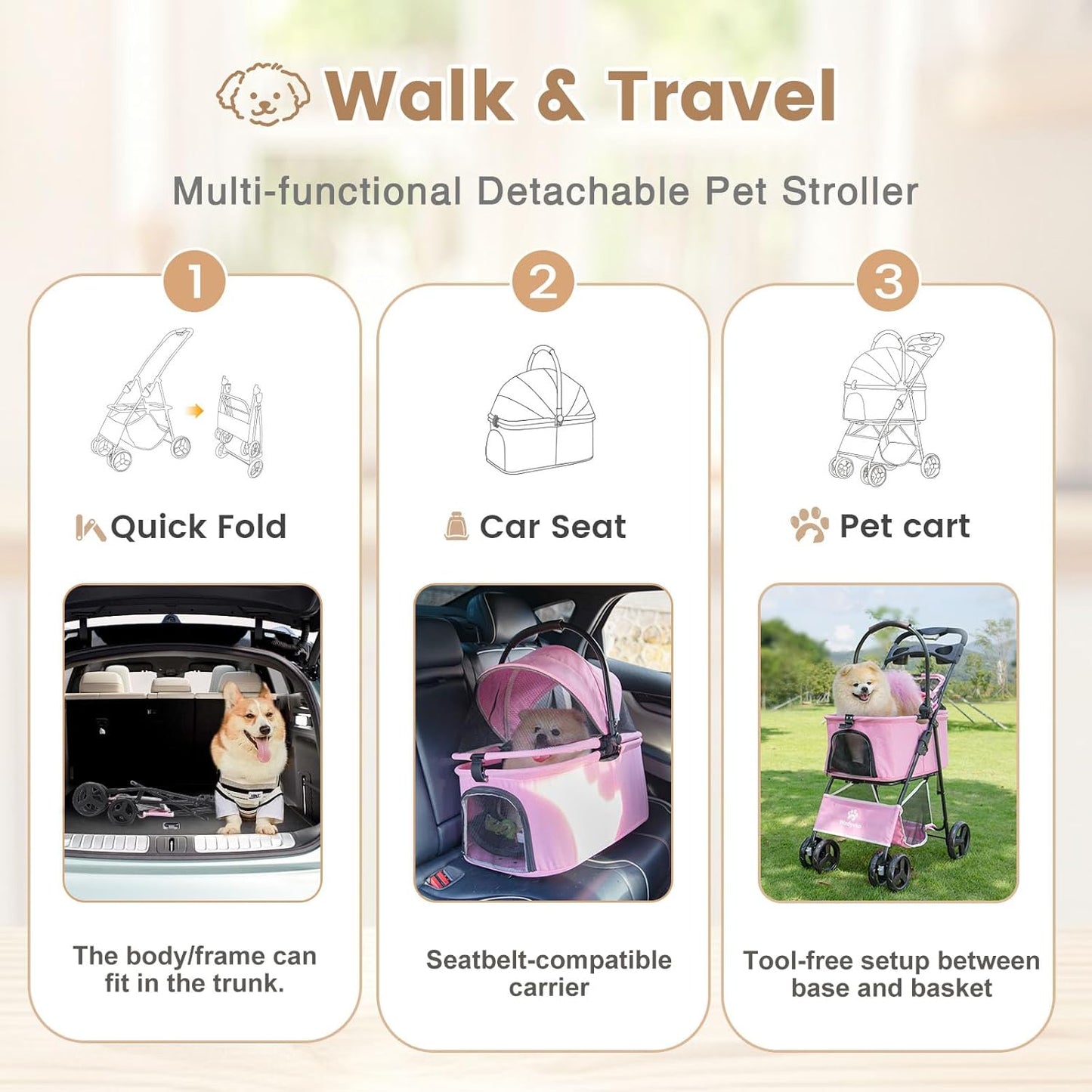 Pet Stroller, 4 Wheels Pet Strolling Cart for Medium/Small Dogs and Cats, Foldable Cat Jogger/Dog Stroller with Cup Holder, Storage Basket, Breathable Mesh, All-Season Pet Carrier (Pink)