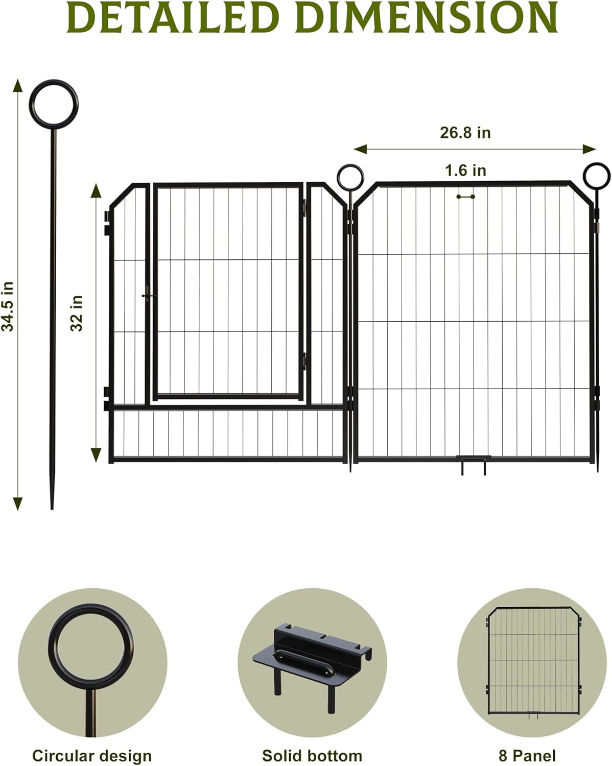 GarveeLife Dog Playpen, 24/32/40 in Height in, Folding Indoor Outdoor Anti-Rust Dog Exercise Fence, Pet Gates with Door for Large Medium Small Dogs and Pet (8 Panels,32 in)
