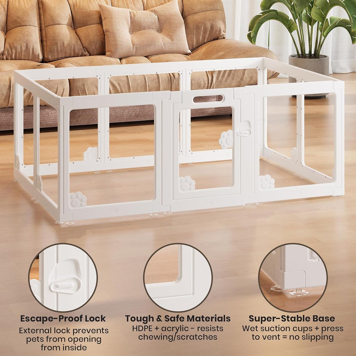 Expandable 10PCS Dog Playpen for Indoors, Modular Puppy Play Pen with Lockable Door, Chew-Proof Transparent Panels & Waterproof Base. Perfect for Small Animals, Puppy Training or Multi-Pet Homes