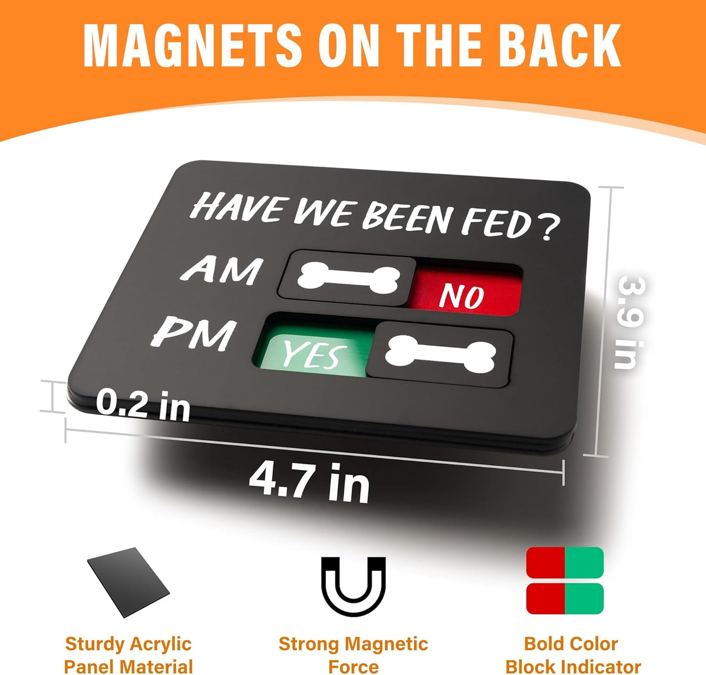 Dog Feeding Reminder Sign with Magnet, Pet Feeding Tracker with Have We Been Fed, Acrylic Slider Sign for Fridge, AM PM Feed Chart Sign with Yes No Option, Black with 2 Stickers, 4.7" x 3.9"