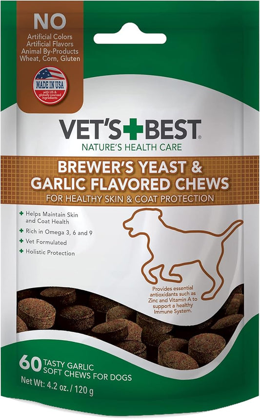 Vet's Best Brewer’s Yeast & Garlic Chews, Omega 3 for Dogs Healthy Skin & Coat Protection for Dogs, Dog Formulated with Veterinary Recommended Dosage, Garlic Supplements, 60 ct