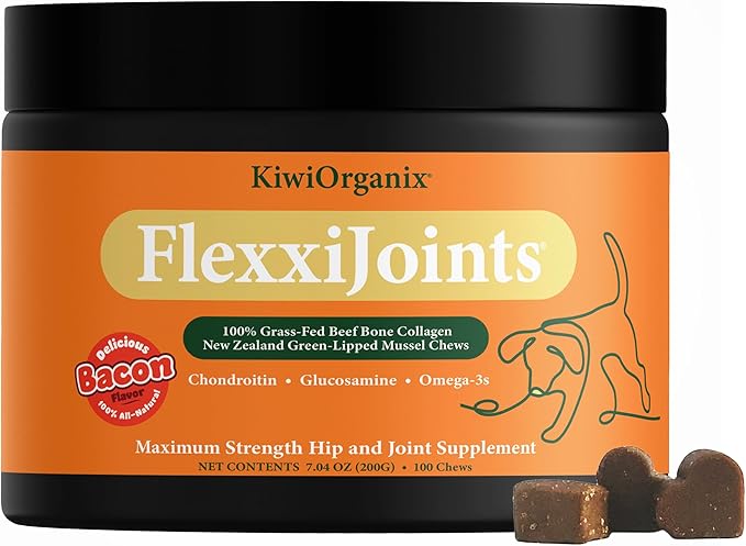 NZorganix FlexxiJoints Hip and Joint Supplement Chews for Dogs, Cats • 100% Grass-Fed Beef Bone Collagen New Zealand Green-Lipped Mussels • 100 Chews